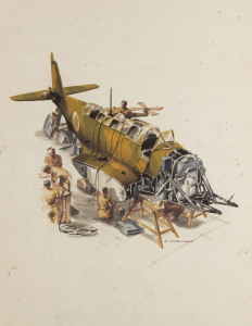 RONALD CLAYTON SKATE (1913 - 1990), Aeroplane assembly, watercolour, signed lower right, circa 1940s, 50 x 40cm. Probably preliminary artwork for a recruiting poster.