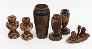 Pokerwork floral vase, pair of mulga wood urns, condiment set, and a pair of wood ware vases, early 20th, (6 items), the largest 20.5cm high