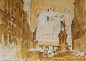 CHARLES WILLIAM BUSH (1919 - 89), Study for a painting of an Italian Square, gouache and pencil, signed lower left and with extensive colour notes at base,