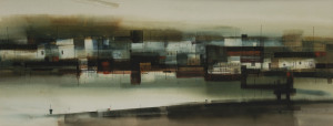 THOMAS GEORGE WELLS (b.1934) Structures on a Waterfront (titled verso), watercolour, signed "T.G. Wells" and dated '63 lower right, ​30 x 76cm.