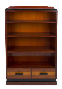 An Australian Art Deco bookcase with two drawer base, Queensland maple, silky oak, blackwood and hardwood, Queensland origin, circa 1930, 125cm high, 76cm wide, 25cm deep