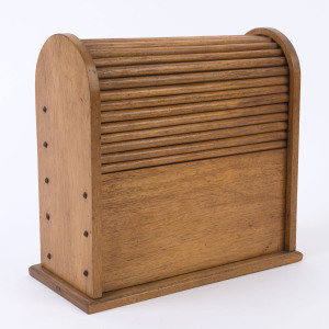 An unusual tambour top box, Queensland maple with iron hardware, early 20th century, ​24cm high, 26cm wide, 12cm deep