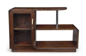 An Australian Art Deco step bookshelf, hardwood and chrome with glass cabinet door, circa 1930s, 68cm high, 102cm wide, 24cm deep