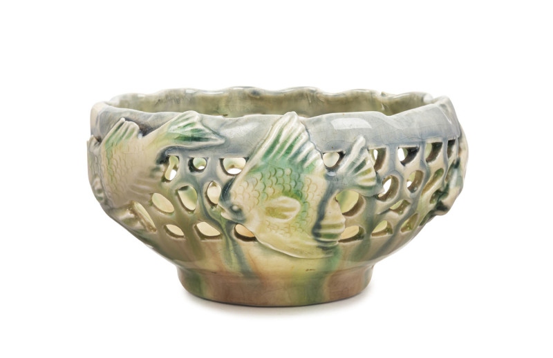 CASTLE HARRIS pierced pottery bowl with applied fish decoration, incised "Castle Harris", 7cm high, 13.5cm wide