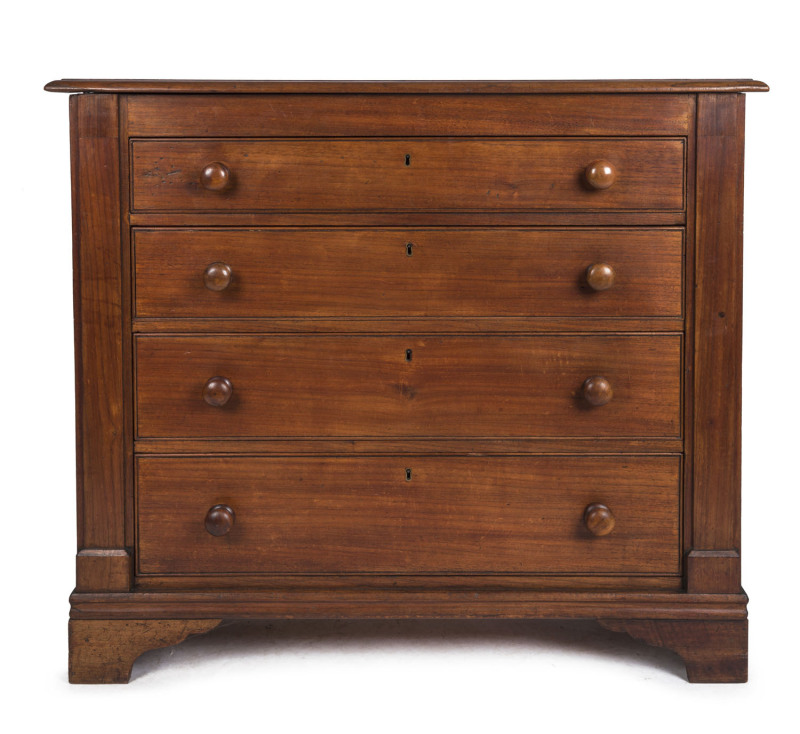 An unusual Colonial four drawer cedar chest of drawers, South Australian origin, 19th century, with Baltic pine secondaries and kauri pine knobs, 95cm high, 109cm wide, 48cm deep