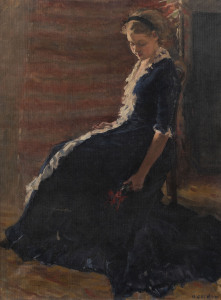 NORA GURDON (1881-1974), The Velvet Dress, circa 1905, oil on canvas, signed lower right "N. Gurdon", original title label verso with 10 guinea price tag. 60 x 45cm PROVENANCE: Purchased by the current vendor's grandmother, thence by descent. Exhibited i