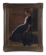 NORA GURDON (1881-1974), The Velvet Dress, circa 1905, oil on canvas, signed lower right "N. Gurdon", original title label verso with 10 guinea price tag. 60 x 45cm PROVENANCE: Purchased by the current vendor's grandmother, thence by descent. Exhibited i - 2