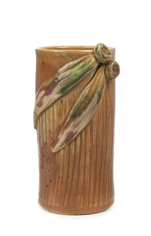 REMUED cylindrical pottery vase with applied gumnuts, leaves and incised decoration, rare colourway, incised "Remued", 17cm high