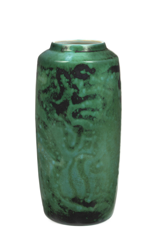 KLYTIE PATE pottery vase with green glaze waxed decoration, incised "Klytie Pate", 22cm high