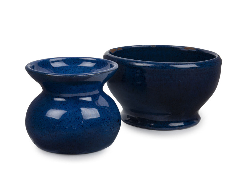 OSREY blue glazed pottery vase and bowl, incised "Osrey, Ballarat, 1926", the bowl 5.5cm high, 9cm diameter
