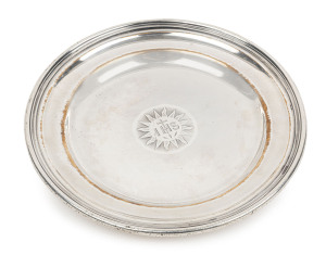 An old Sheffield silver plate church collection dish, engraved "All Saints, Hindmarsh. A.D. 1853" mid 19th century, hallmarked to the underside rim "Dixon. J & Sons, Cornish place, Sheffield". All Saints church, Hindmarsh, South Australia. 23cm diameter.