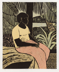 RAY AUSTIN CROOKE (1922 - 2015), Seated Man, hand-coloured linoprint, laid down on Arches rag paper editioned [3/15], titled & signed to lower margin, 54 x 44cm (image size).