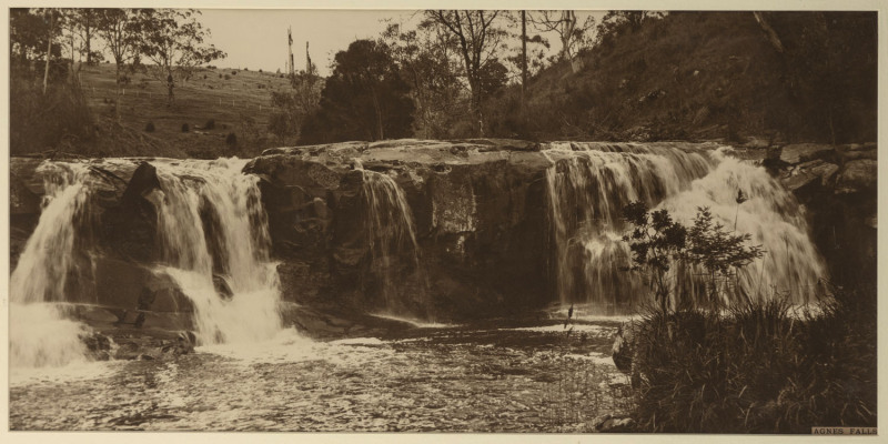 VICTORIAN RAILWAYS: Agnes Falls, South Gippsland, sepia print, circa 1910, 29 x 59cm from a series of photographs displayed in Victorian Railway carriages.