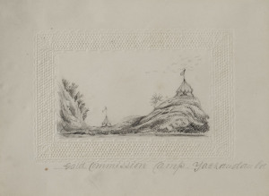 GOLD AT YACKANDANDAH: c.1853, Small pencil drawing titled "Gold Commission Camp Yackandandah" 8 x 13cm. Alluvial gold was discovered in the area in 1852. The miners and the commissioners were accommodated in canvas tents for the first years. The "officia