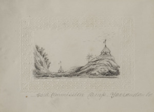 GOLD AT YACKANDANDAH: c.1853, Small pencil drawing titled "Gold Commission Camp Yackandandah" 8 x 13cm. Alluvial gold was discovered in the area in 1852. The miners and the commissioners were accommodated in canvas tents for the first years. The "official" tents depicted in the sketch, fly the flag showing their status.