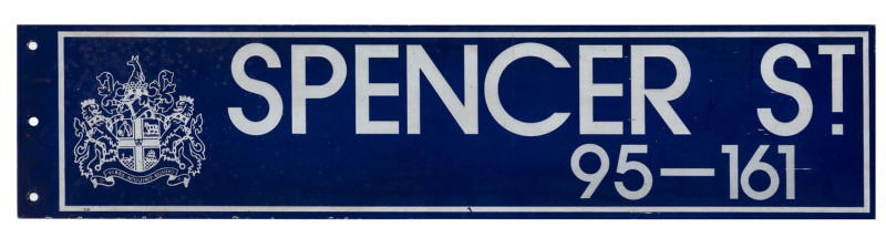 MELBOURNE STREET SIGN: "SPENCER ST. 95 - 161" blue & white enamel over steel; with Melbourne coat-of-arms at left. Double-sided, 22 x 96cm.