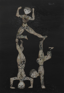 KENNETH ROWELL (1920 - 1999) Three Acrobats, 1951, mixed media, signed top right, 36 x 25cm. Provenance: Estate of the late Sir Peter Daubeny; Bridget McDonnell Gallery label verso.