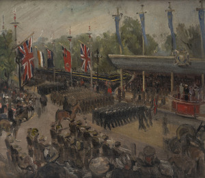 GEOFFREY RICHARD MAINWARING (1912-2000) Study for "Victory March, London, 10 June 1946", oil on board, signed and dated "1946" lower right, 39 x 45cm.