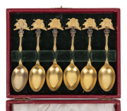 A set of six gilt finished silver plated teaspoons with Australian coat of arms emblazoned "ADVANCED AUSTRALIA", in original fitted box