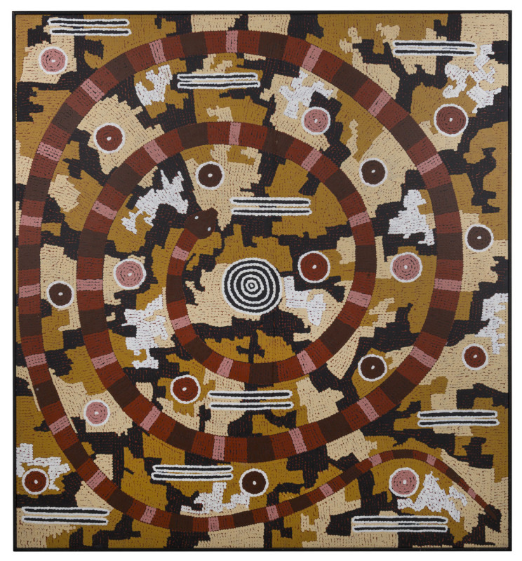 BILLY STOCKMAN TJAPALJARRI (1927 - 2015), Totemic Snakes 1985, Synthetic polymer paint on canvas, titled, dated "Dec.'84" and with extensive manuscript explanation verso, 128.5 x 116.5cm, Provenance: Deutscher-Menzies, Fine Aboriginal Art, Melbourne, 29/