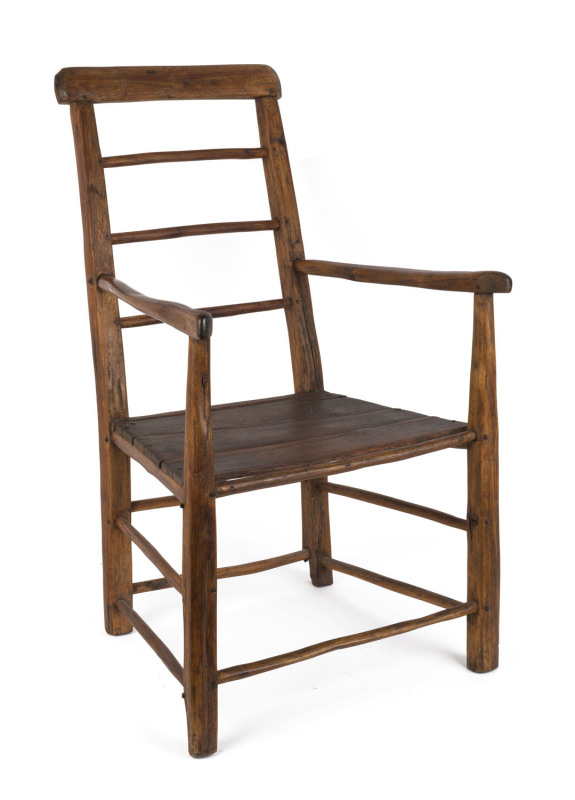 An Australian folk art armchair, blackwood and pine with peg joint construction, Castlemaine Goldfields, Victorian origin, circa 1860, ​83cm high, 50cm across the arms