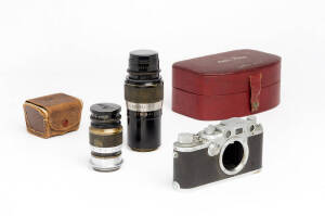 LEITZ (Germany) Leica IIIc, 1943-46 camera body [#396579] in original Leica box; together with Elmar f4.0 90mm lens with cap, Elmar f4.5 135mm lens with cap & Metraphot light meter and Summar SOOMP lens shade. (5 items).