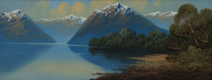 M. VINTERS, Lake Ada, New Zealand, gouache on board, signed lower right "M. Vinters", 19 x 50cm with title plaque to frame, ​38 x 68cm overall