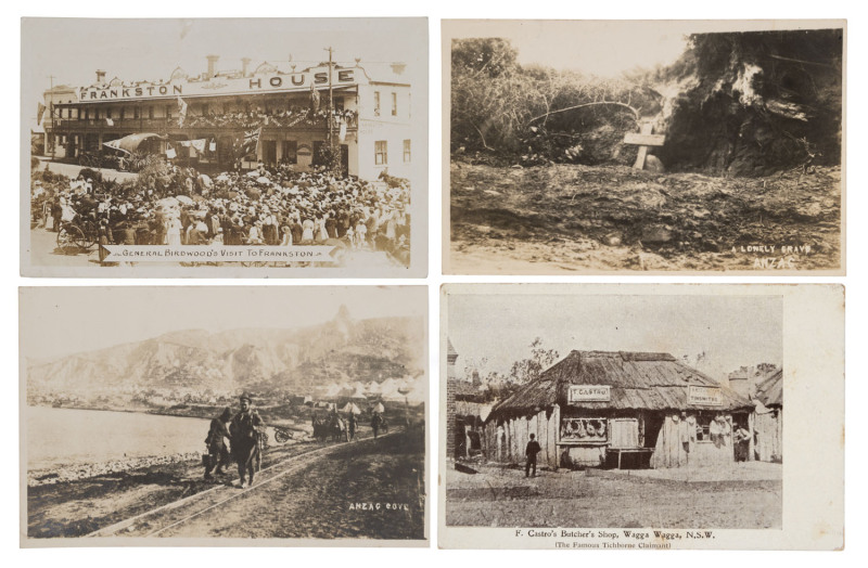 AUSTRALIAN POSTCARD range including a group of 4 RP ANZAC Cove images not previously by us; "General Birdwood's Visit to Frankston"; "F. Castro's Butcher's Shop, Wagga Wagga"; "Echuca Wharf"; "Railway Station, Derrinallum"; "Moore Bros, Travelling Chaff C