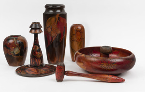 Australian pokerwork candlestick, three vases (one with fairy wren), and a nut bowl with cracker, early 20th century, the largest 30cm high