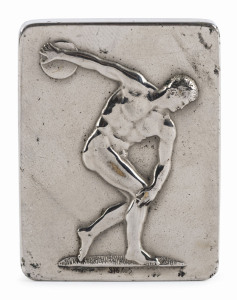 STOKES & SONS: original stainless steel medal/plaque showing the classical image of a discus thrower on the obverse and a winged angel of peace on the reverse., believed to have been a proposal associated with the 1956 Melbourne Olympics, 37x48mm. Ex Stokes & Sons archive.