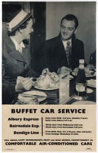 VICTORIAN RAILWAYS TRAVEL POSTER: No.259. BUFFET CAR SERVICE, c1930s, Process lithograph. Linen-backed. 101 x 64cm. Text continues: Albury Express, Bairnsdale Exp. Bendigo Line, etc. Printed by W.M. Houston, Gov't Printer. A very scarce example.