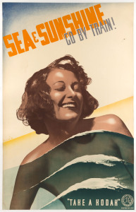 GERT SELLHEIM (1901 - 1970) SEA & SUNSHINE GO BY TRAIN! colour process lithograph, c1930s, signed in image at left, Victorian Railways Poster No.153, laid down on linen, 101 x 63cm. An extremely rare image by this iconic artist.