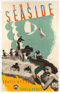 GERT SELLHEIM (1901 - 1970) THE SEASIDE : TRAVEL BY TRAIN colour process lithograph, c1930s, signed in image at right, Victorian Railways Poster No.176, laid down on linen, 101 x 64cm. An extremely rare image by this iconic artist. Not previously seen by