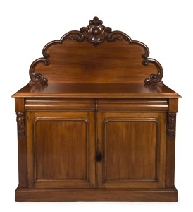 W. H. ROCKE & Co. MELBOURNE Australian Colonial cedar two door chiffonier with curved scroll back, two cushion moulded drawers and internal cellarette drawer, circa 1860, pine secondary timbers with pressed brass manufacturers label to the interior, 160cm high, 136cm wide, 54cm deep