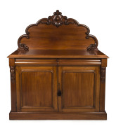 W. H. ROCKE & Co. MELBOURNE Australian Colonial cedar two door chiffonier with curved scroll back, two cushion moulded drawers and internal cellarette drawer, circa 1860, pine secondary timbers with pressed brass manufacturers label to the interior, ​ ​16