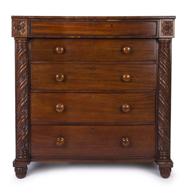 A Colonial cedar chest of five drawers with cantilever top, fine gadrooned moulding to the top drawer, vine leaf and quilled split columns terminating in floral decorated supports, Tasmanian origin, circa 1840, cedar with pine secondary timbers, 126cm hig