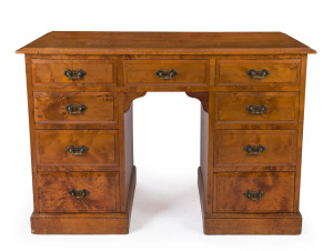 A birdseye huon pine twin pedestal ladies writing desk with original brass handles, Tasmanian origin, circa 1880, 77cm high, 107cm wide, 47cm deep