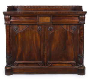 WILLIAM CHAMPION (attributed) fine cedar and musk two door cabinet, cedar shield panel doors with applied rosette decoration, musk veneered hexagonal split columns and ogee moulded corbels with acanthus baluster supports below, Tasmanian origin, circa 1835. 97cm high, 122cm wide, 56cm deep