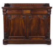 WILLIAM CHAMPION (attributed) fine cedar and musk two door cabinet, cedar shield panel doors with applied rosette decoration, musk veneered hexagonal split columns and ogee moulded corbels with acanthus baluster supports below, Tasmanian origin, circa 183