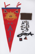 WORLD WAR I: Australian Commonwealth Military Forces Rising Sun pennant in felt (length 62cm), HMS Achilles cap band, Rising Sun cap badges (3), 'AUSTRALIA' (2) & 'AWAS (2) shoulder badges, uniform buttons large (4) & small (8), plus 'For King and Empire - 2