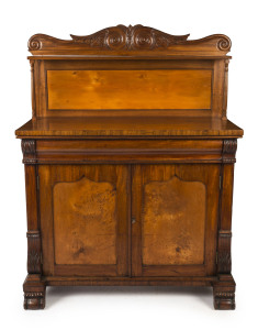 A fine cedar and birdseye huon pine two door chiffonier with Thomas Hope scroll back with single shelf, the base with single ogee moulded fitted cutlery drawer above finely figured huon pine shield panel doors, Tasmanian origin, circa 1845, 148cm high, 114cm wide, 49cm deep. PROVENANCE: The von Stieglitz family, Tasmania