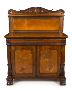 A fine cedar and birdseye huon pine two door chiffonier with Thomas Hope scroll back with single shelf, the base with single ogee moulded fitted cutlery drawer above finely figured huon pine shield panel doors, Tasmanian origin, circa 1845, 148cm high, 11