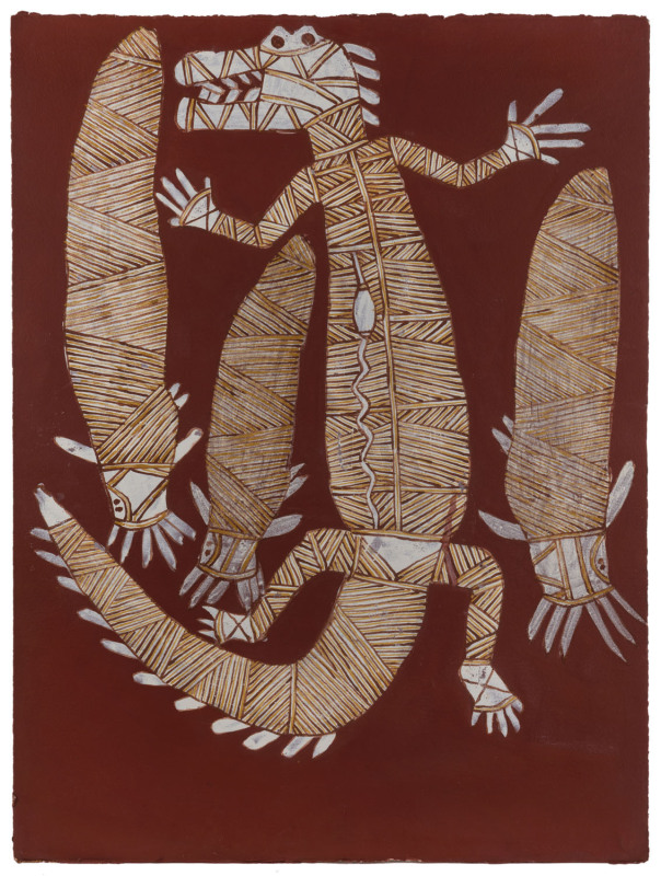 PETER NABARLAMBARL (1930 -2001) Crocodile Kinga & 3 Catfish - manmakkawarri, natural ochres on Arches Rives paper, named, titled, dated and with catalogue no.A3031 verso, 125 x 77cm. With Certificate of Authenticity issued by the Aboriginal Fine Arts Gal