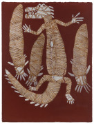 PETER NABARLAMBARL (1930 -2001) Crocodile Kinga & 3 Catfish - manmakkawarri, natural ochres on Arches Rives paper, named, titled, dated and with catalogue no.A3031 verso, 125 x 77cm. With Certificate of Authenticity issued by the Aboriginal Fine Arts Gal