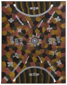 MARY ANNE PULTARA (c1960-) Water Gathering Corroboree, acrylics on canvas, 1988, Nappery Artists label verso, 91 122cm. Leonard Joel Auctions, 29/03/1995, Lot No. 613A.