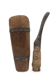 A whaler's antique knife. Well worn steel blade with timber handgrip bound in string, housed in a timber scabbard bound in copper wire, 19th century, a rare survivor. 22cm long