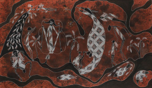 BOBBY BARRDJARAY NGANJMIRA (1915 - 92) Mimih Spirits, natural ochres on paper, 113 x 196cm. inscribed verso "1987, c/o b/w 00015178. Leech Mountain Killing Person LIKAWAYA MALWAN" The work has been custom framed to house and protect the large artwork; o