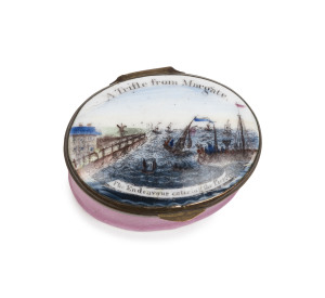 "THE ENDEAVOUR ENTERING THE PIER, A TRIFLE FROM MARGATE" antique Battersea enamel patch box, 18th century, 5cm wide