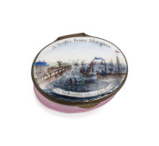 "THE ENDEAVOUR ENTERING THE PIER, A TRIFLE FROM MARGATE" antique Battersea enamel patch box, 18th century, ​5cm wide