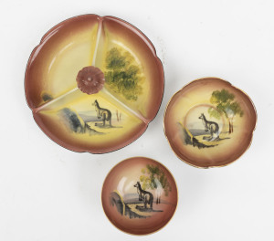 Three Noritake kangaroo patterned Japanese porcelain bowls, mid 20th century, the largest 19cm diameter